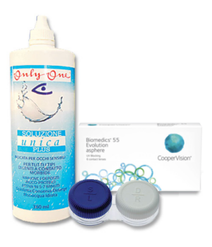 Biomedics 55 Evolution sooduskomplekt 3+3 läätse ja Unica Plus 360ml + konteiner