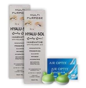 AirOptix plus HydraGlyde sooduskomplekt 6+6 läätse, Hyalu-Sol 360ml 2 tk ja lõbus konteiner