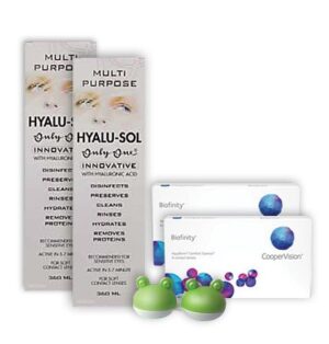 Biofinity sooduskomplekt 6+6 läätse, Hyalu-Sol 360ml 2 tk ja lõbus konteiner