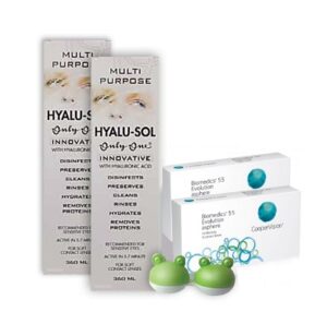 Biomedics 55 Evolution sooduskomplekt 6+6 läätse, Hyalu-Sol 360ml 2 tk ja lõbus konteiner!