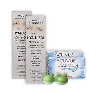 Acuvue Oasys sooduskomplekt 6+6 läätse, Hyalu-Sol 360ml 2 tk ja lõbus konteiner